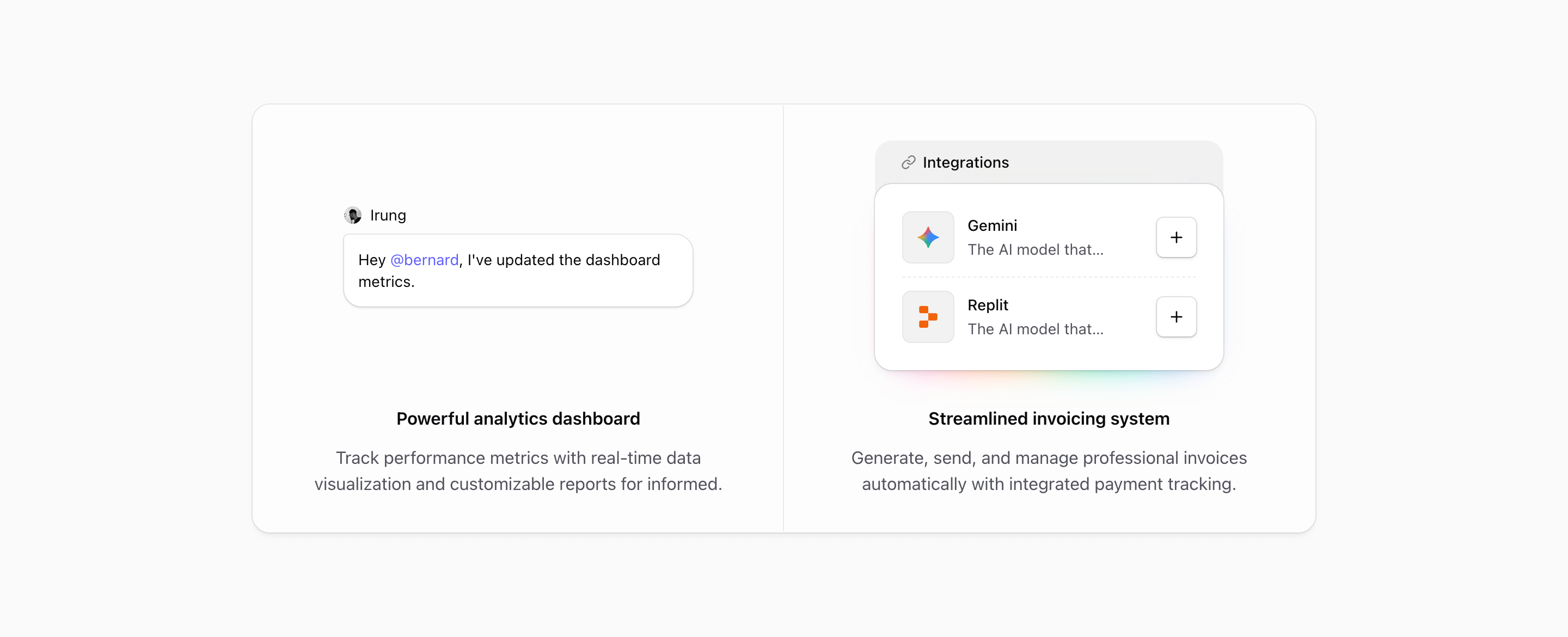 Shadcn Feature Block Two with message and integrations feature panels