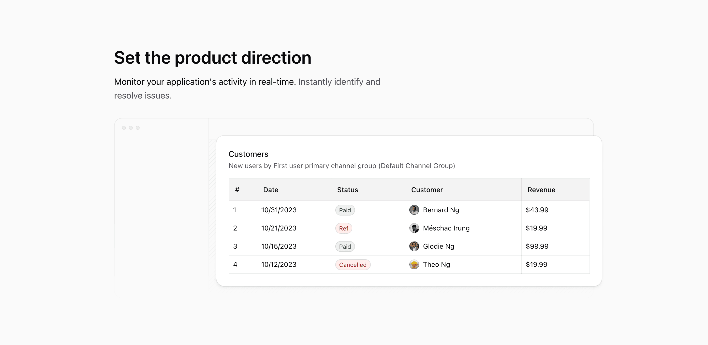 Shadcn Feature Block Five with product direction copy and customer table illustration