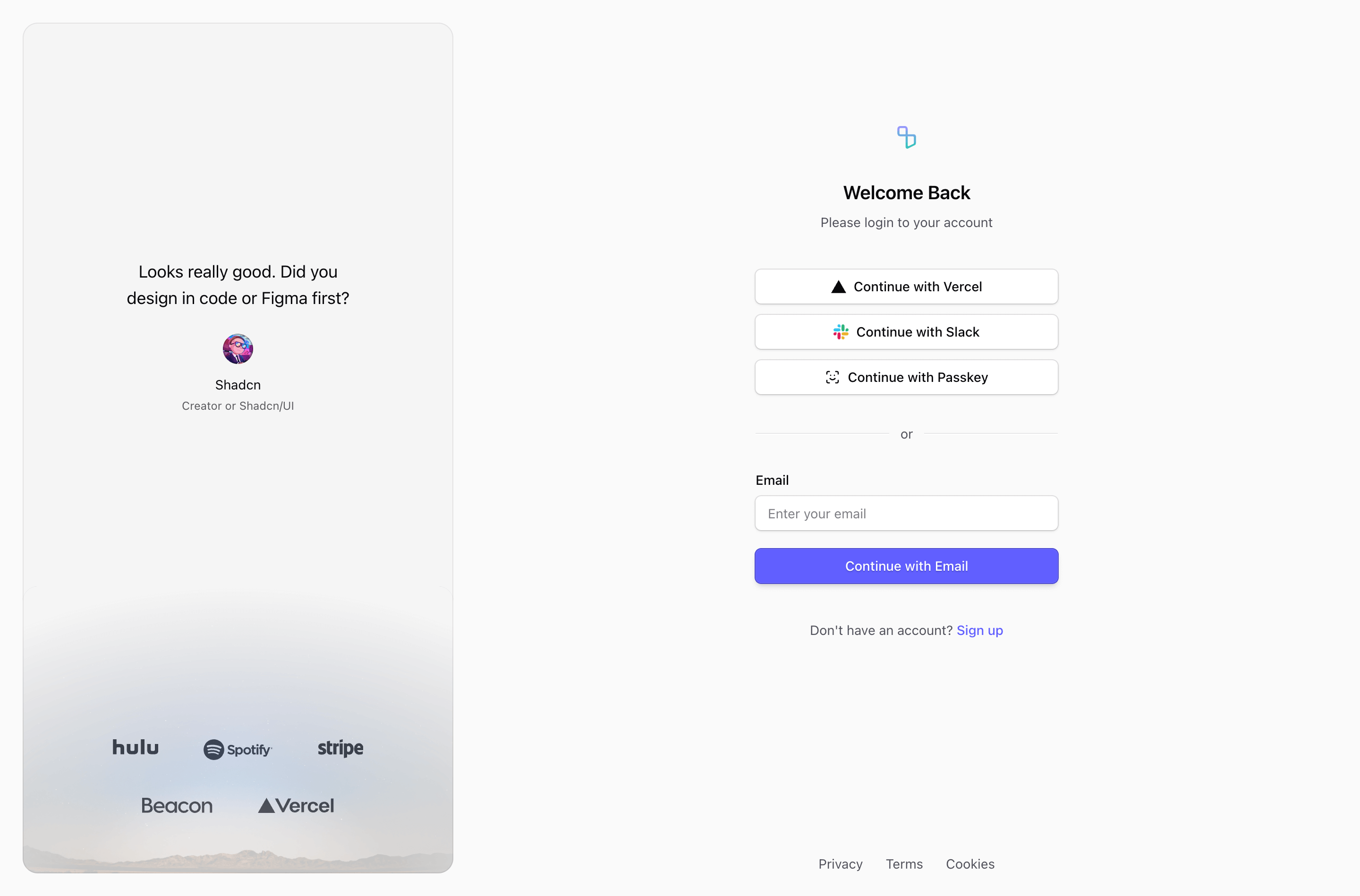 Shadcn Login Block Two preview built with Shadcn UI and Tailwind CSS