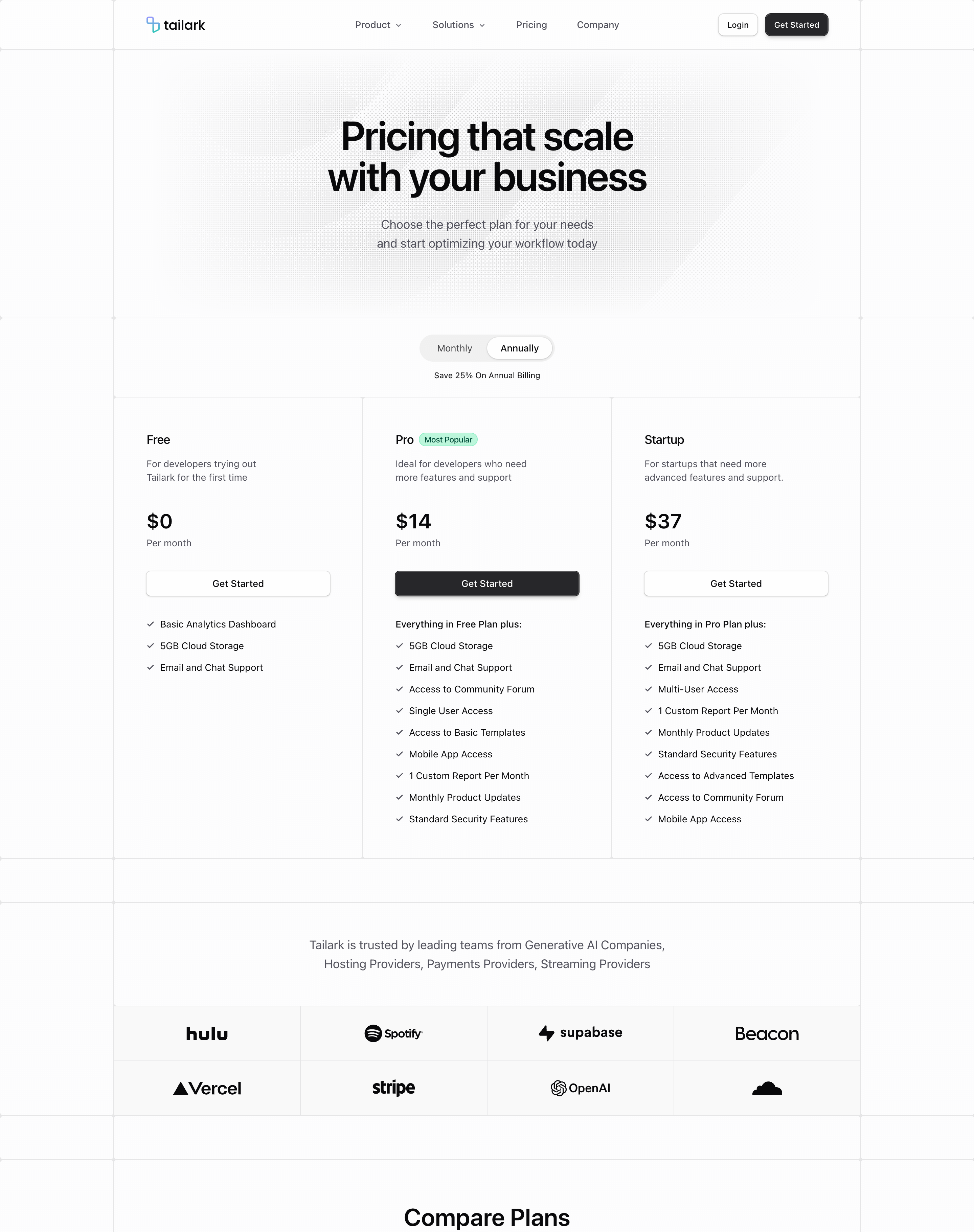 Tailark Pro dark pricing page