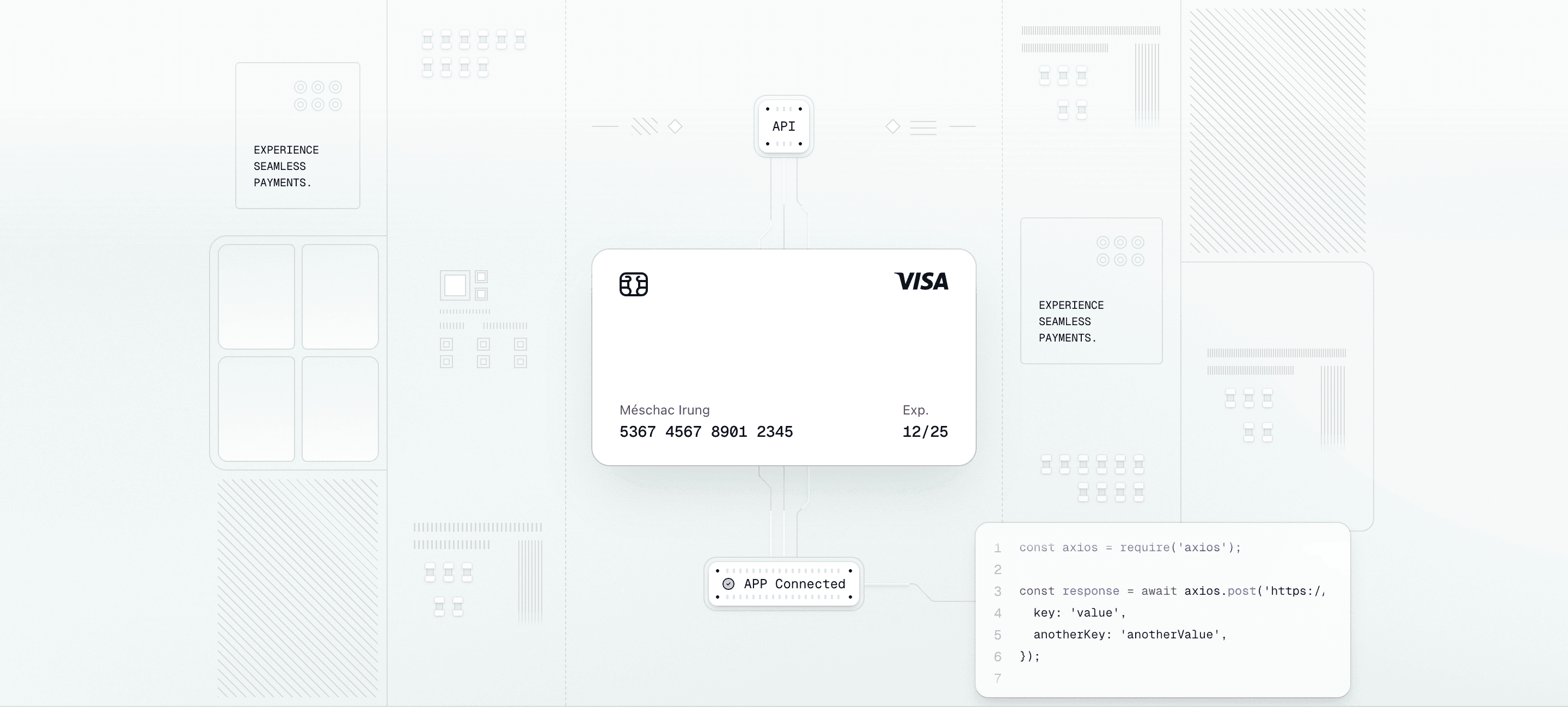 The center column of Hero Section Sixteen's illustration: API node at top, animated beams flowing through a credit card, into an APP Connected confirmation, with a code block at the bottom-right