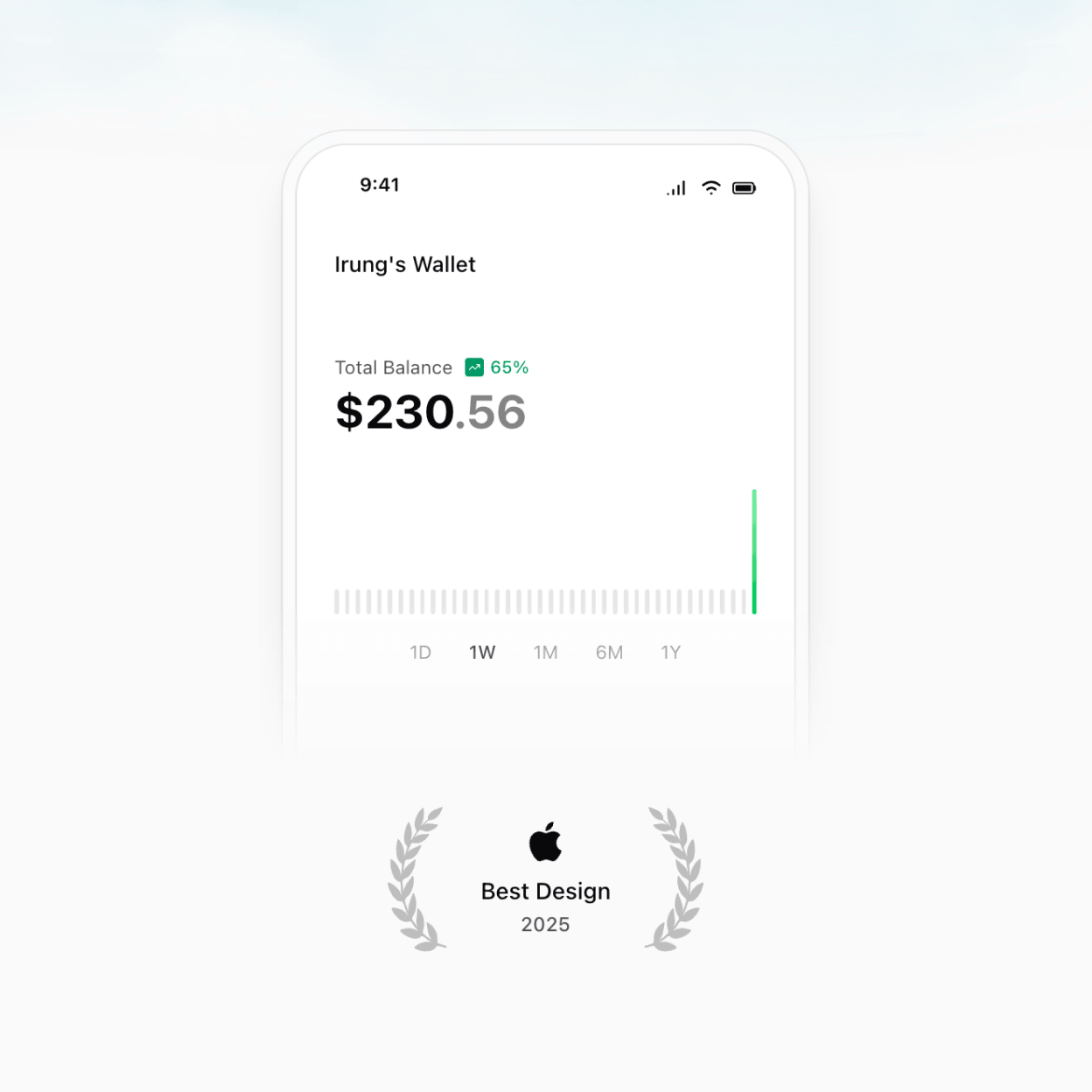 The hand-coded wallet illustration, showing a phone screen with a status bar, a balance, a sparkline, and timeframe pills
