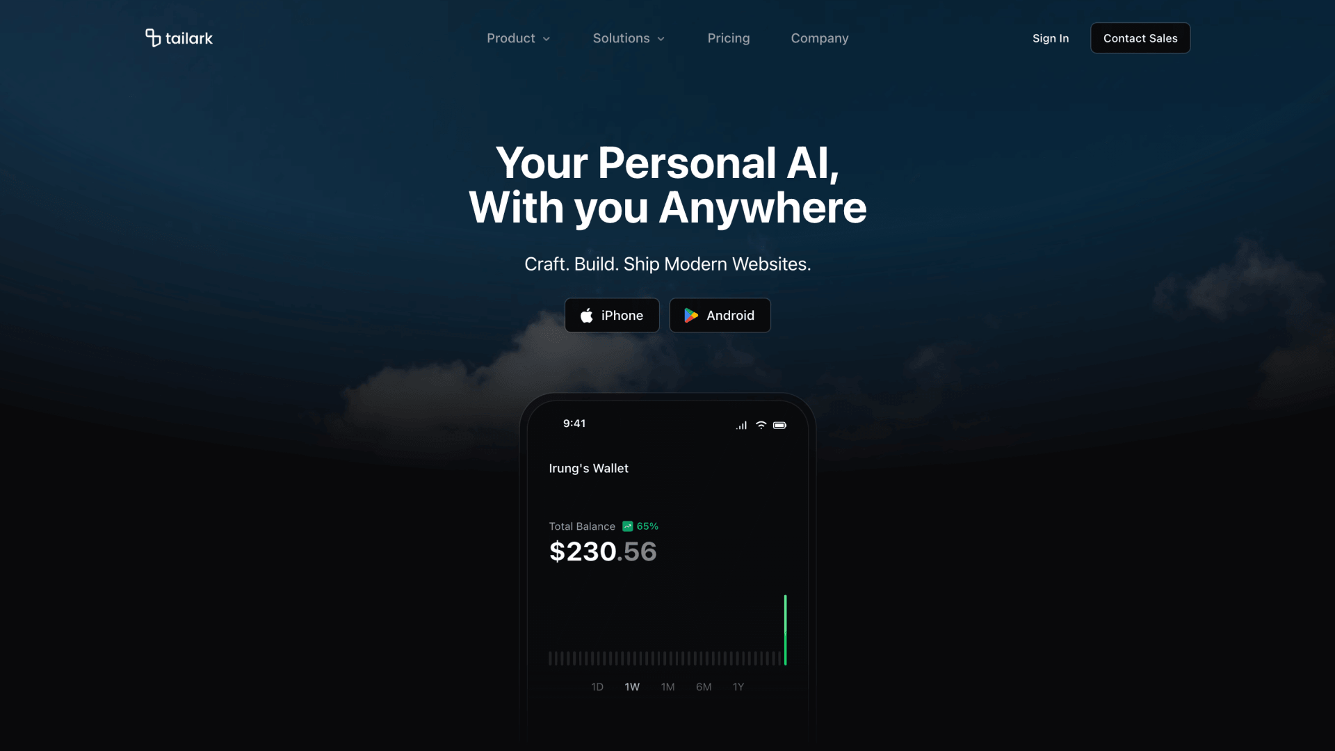 Hero Section Two in dark mode, with a darker cloudscape replacing the daylight sky