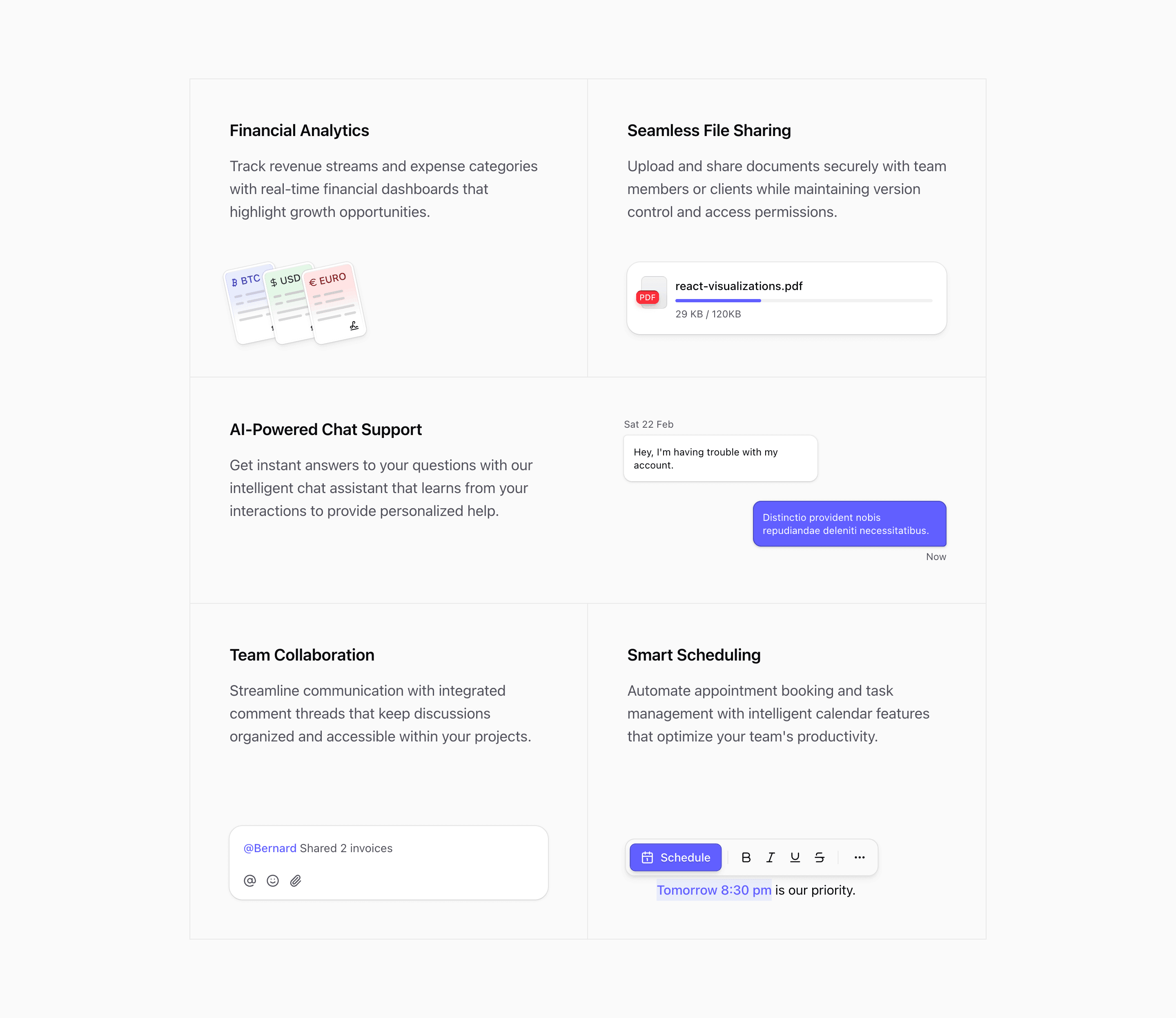 Shadcn Bento Block Twelve preview with finance, file sharing, AI chat, collaboration, and scheduling