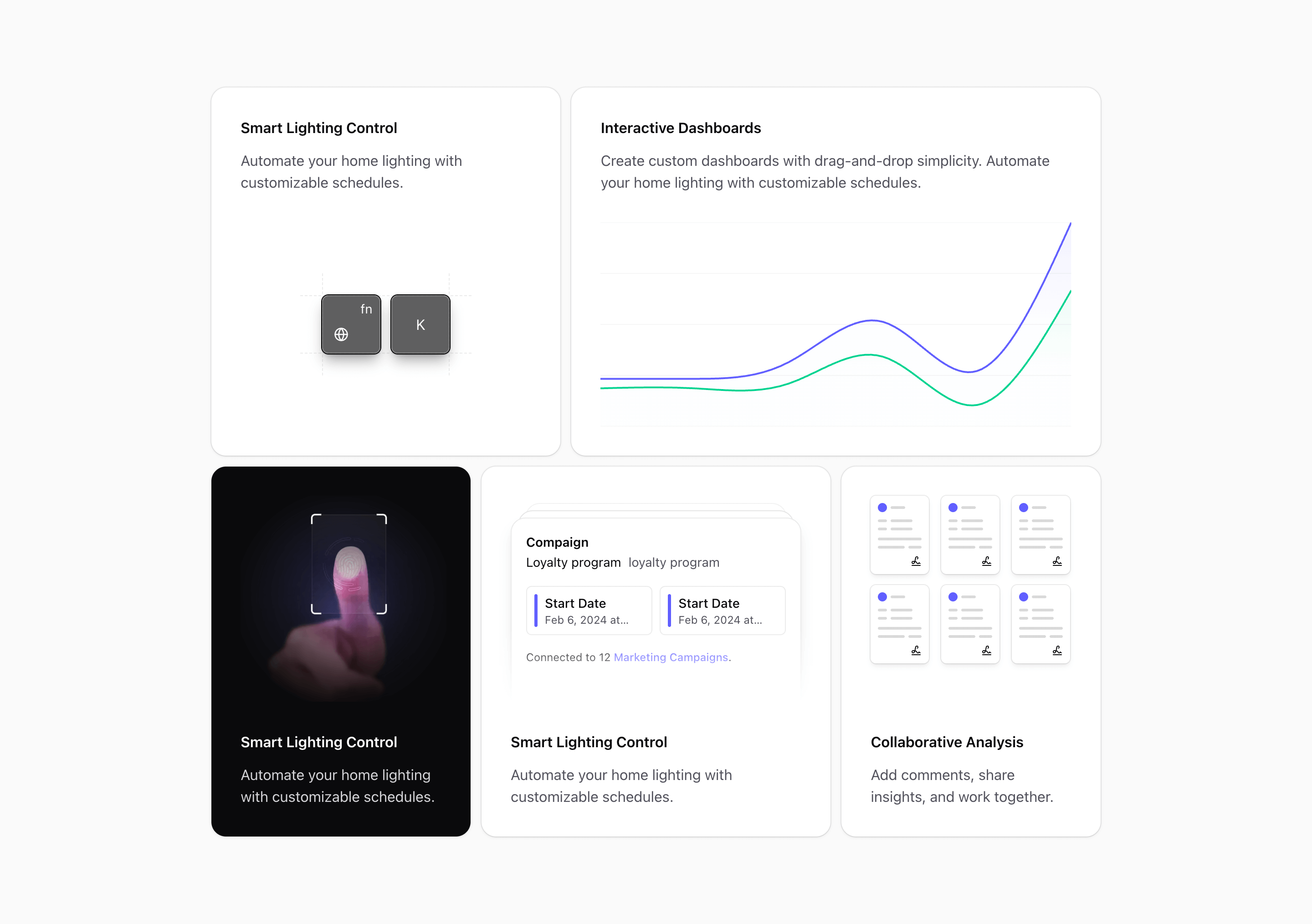 Shadcn Bento Block Five preview with chart, fingerprint, campaign, key, and document cards