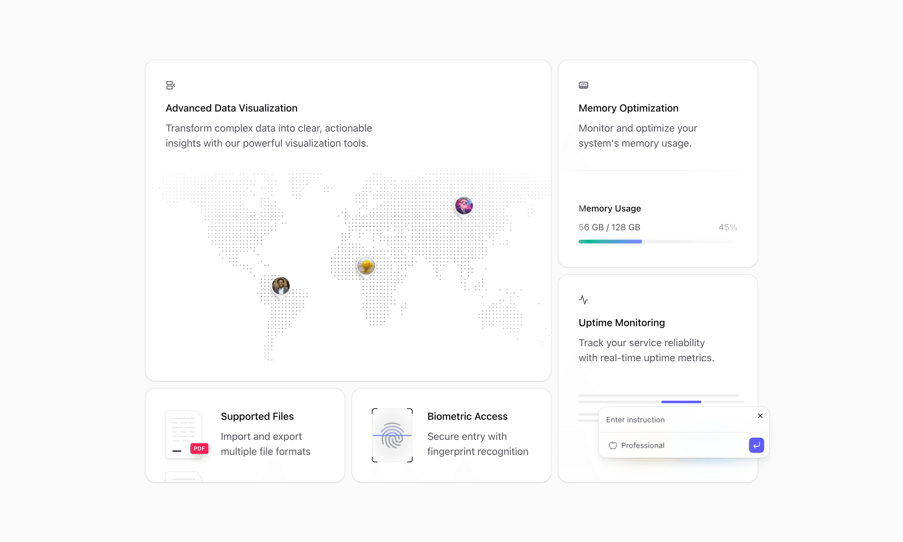 Shadcn Bento Block Seven preview with map, documents, fingerprint, memory, and uptime cards