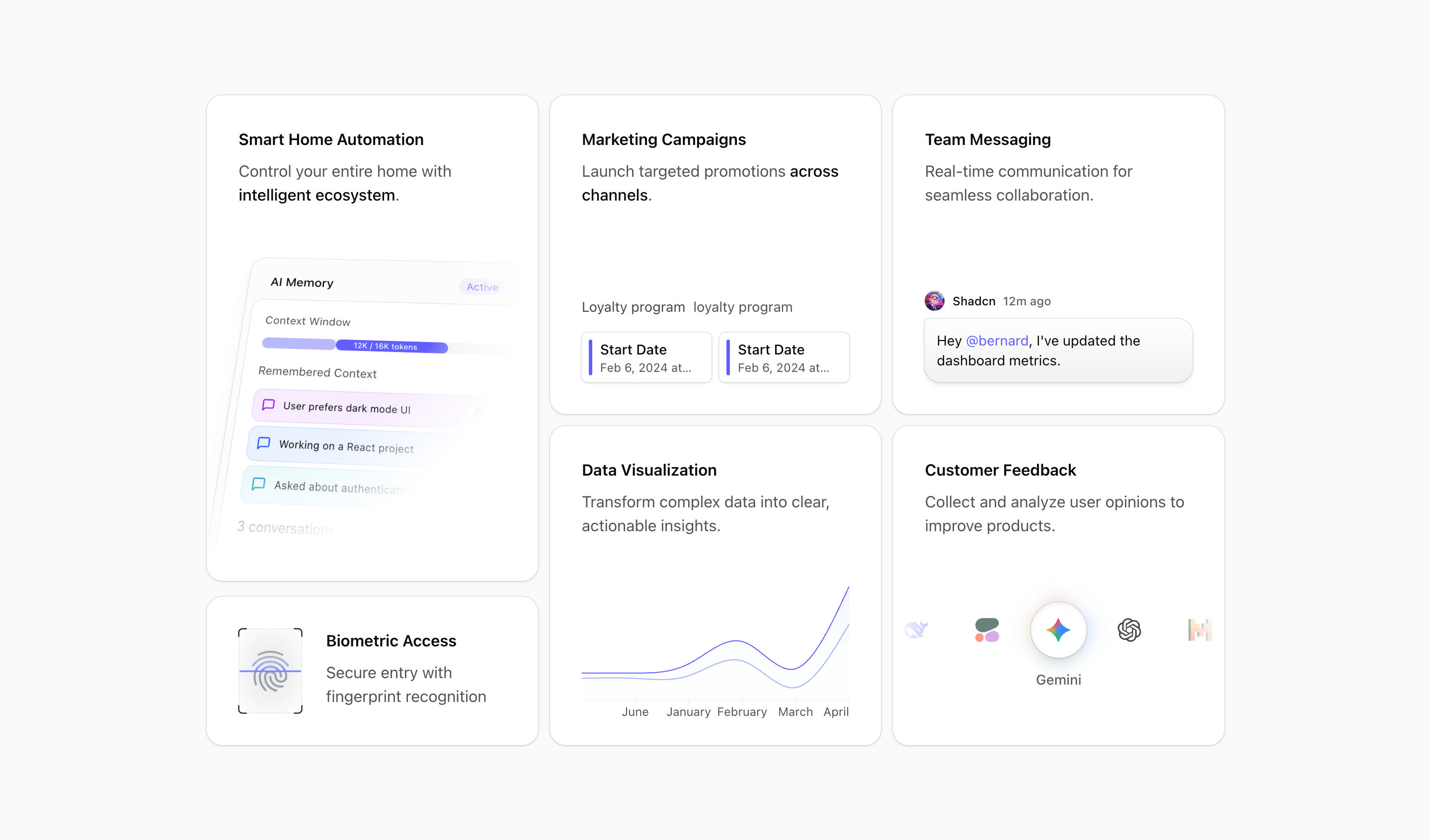 Shadcn Bento Block Eight preview with AI memory, fingerprint, campaign, messaging, chart, and model cards