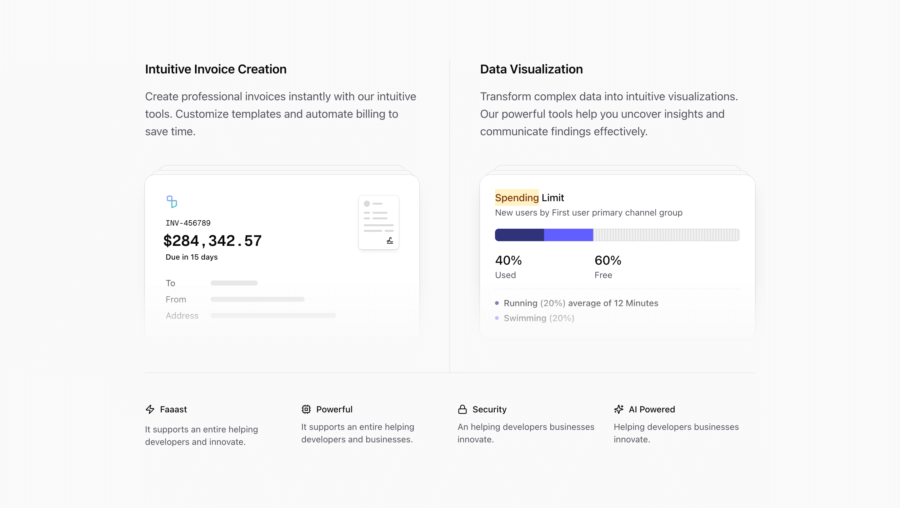 Shadcn Feature Block Four with invoice, visualization, and icon benefit rows