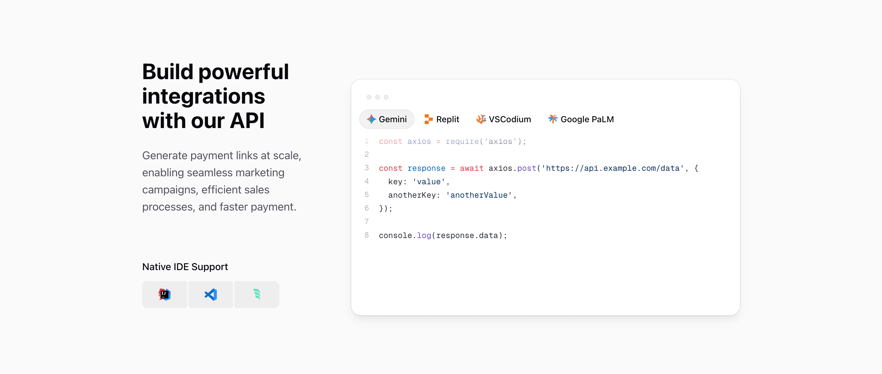 Shadcn Feature Block Six with API copy, IDE badges, and interactive code preview