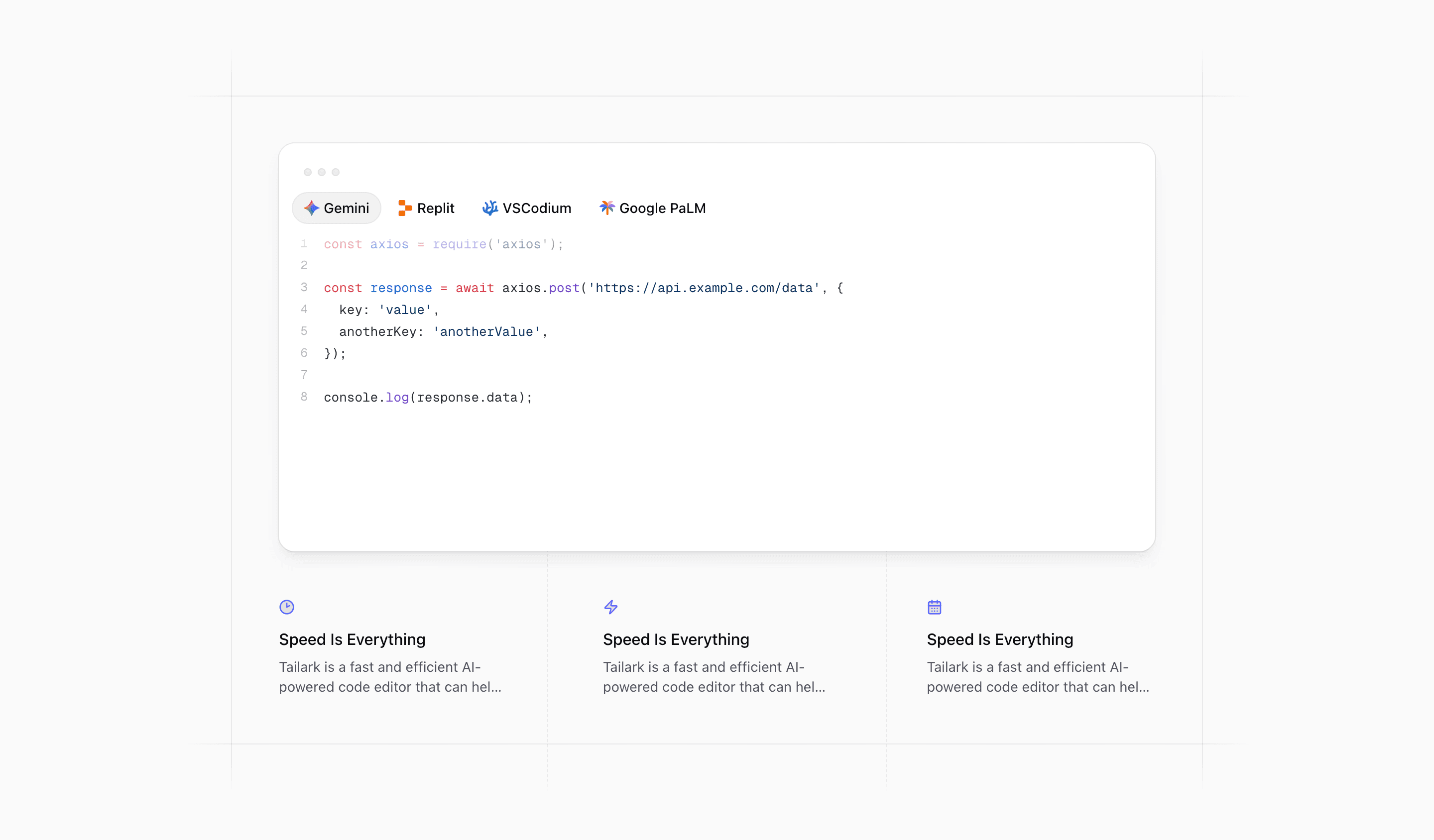 Shadcn Feature Block Seven with framed code preview and speed feature grid