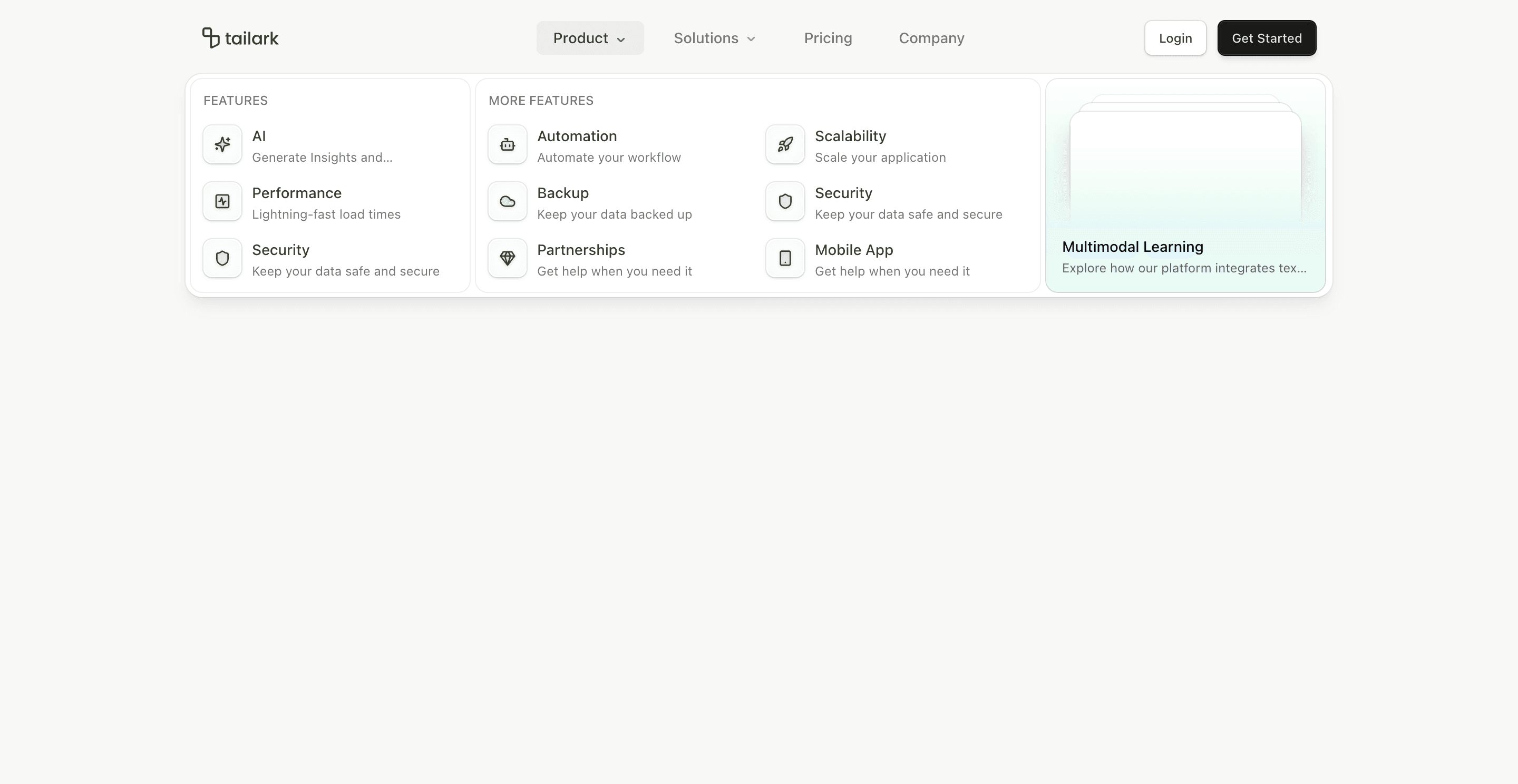 Shadcn Header Block Seven preview with card-based mega menu