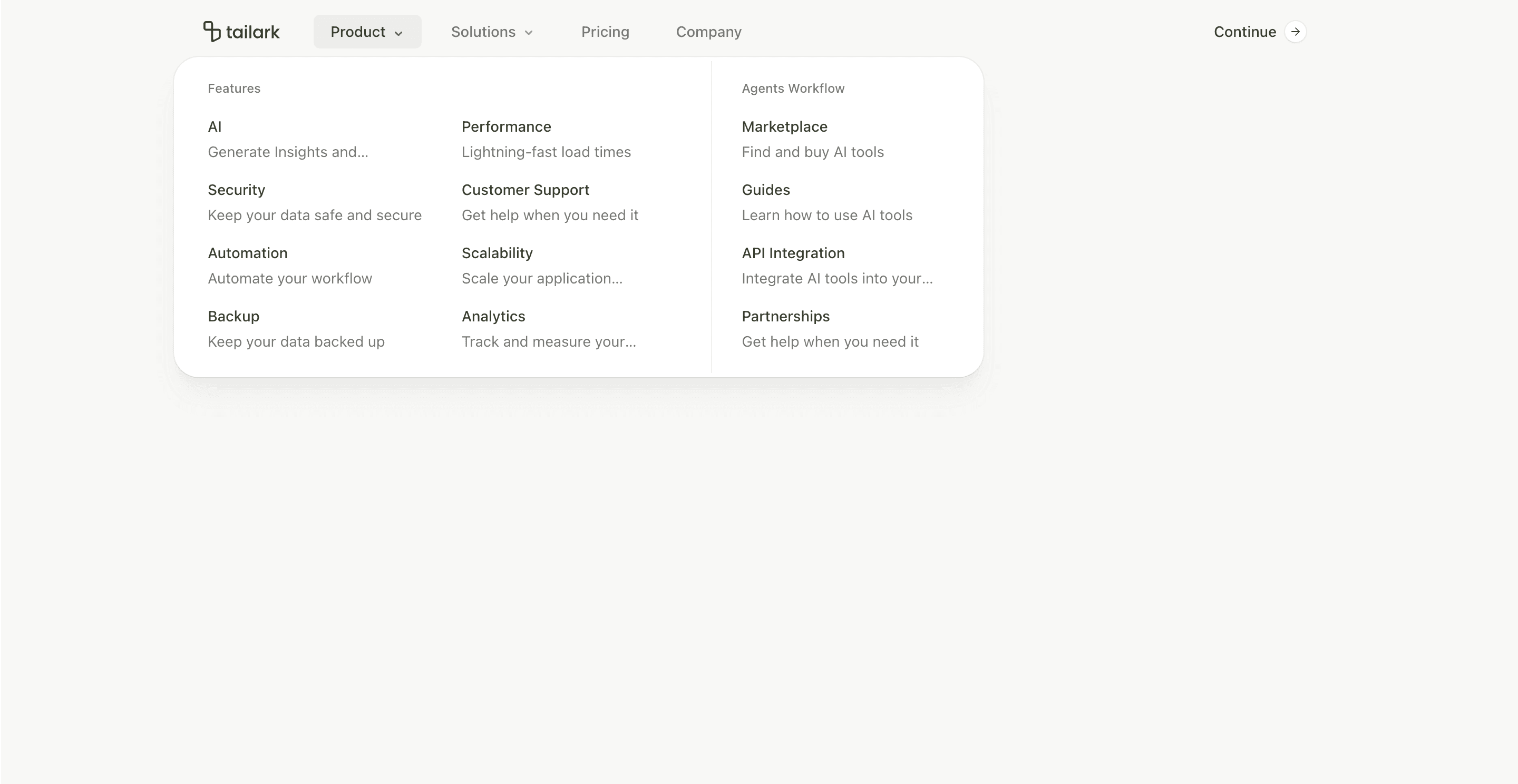 Shadcn Header Block Eight preview with text-first dropdown navigation