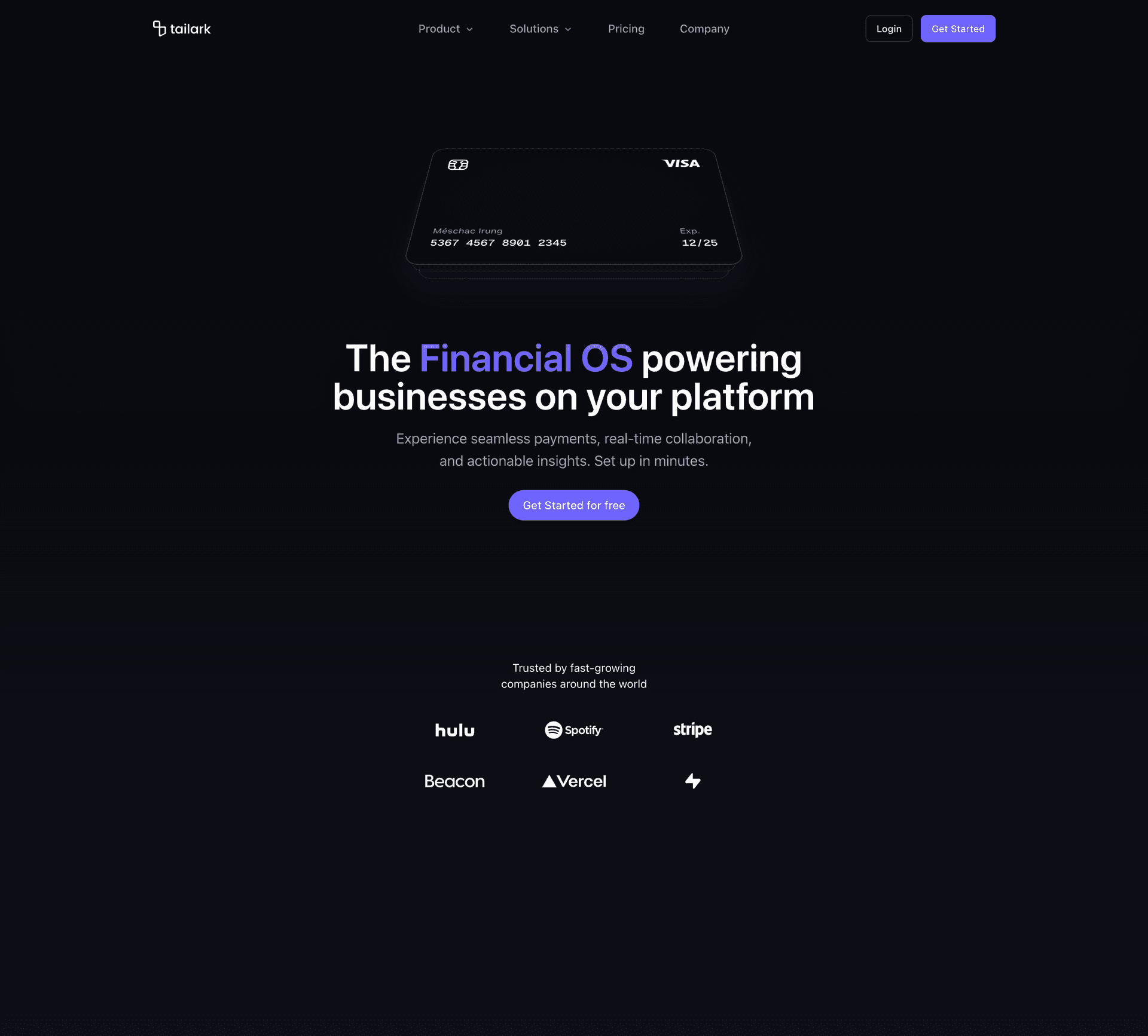 Hero Section Fifteen in dark mode — same card stack, with the indigo theme inverting to white-on-near-black