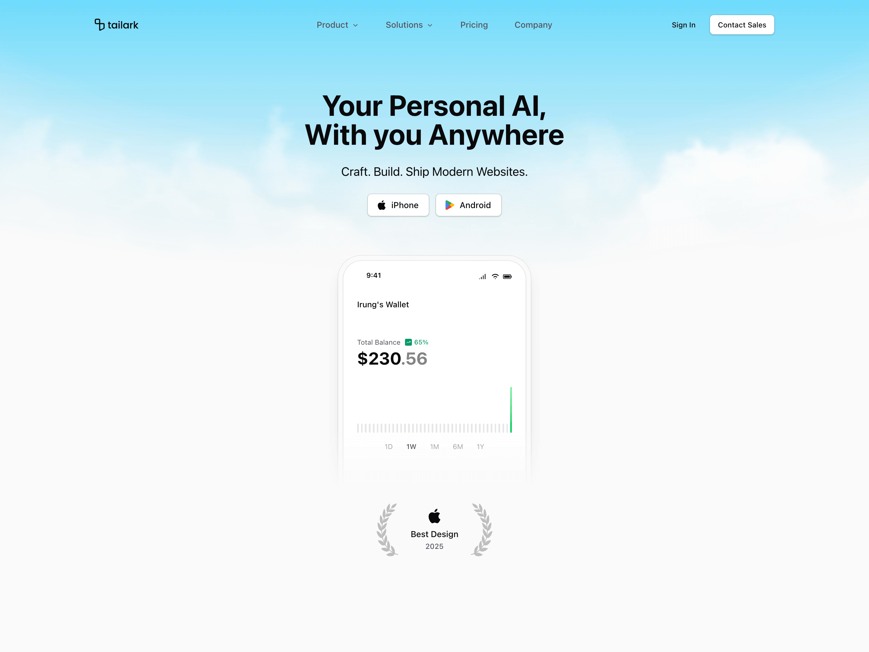 Shadcn Hero Section Block Two with cloud background, mobile wallet illustration, app buttons, and award badge