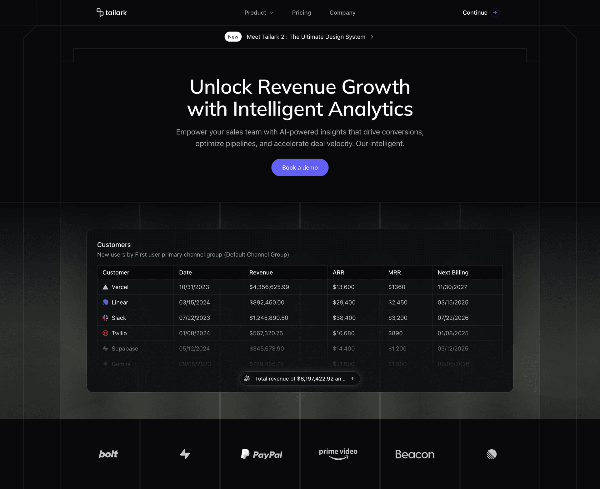 Hero Section Six in dark mode — the architectural frame still reads, the AI insight pill's gradient halo glows brighter against the dark surface