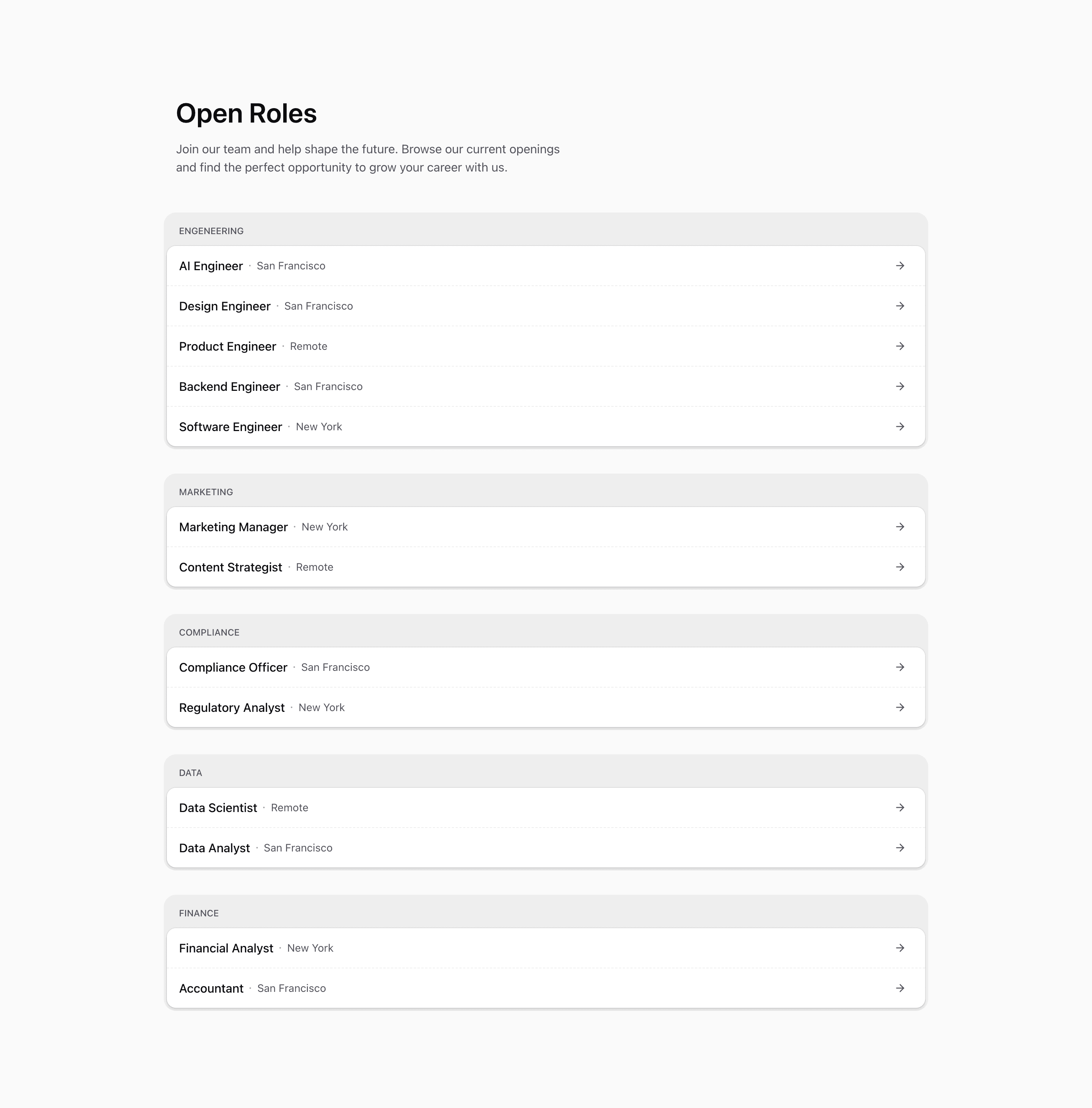 Shadcn Open Roles Block Seven preview built with Shadcn UI and Tailwind CSS