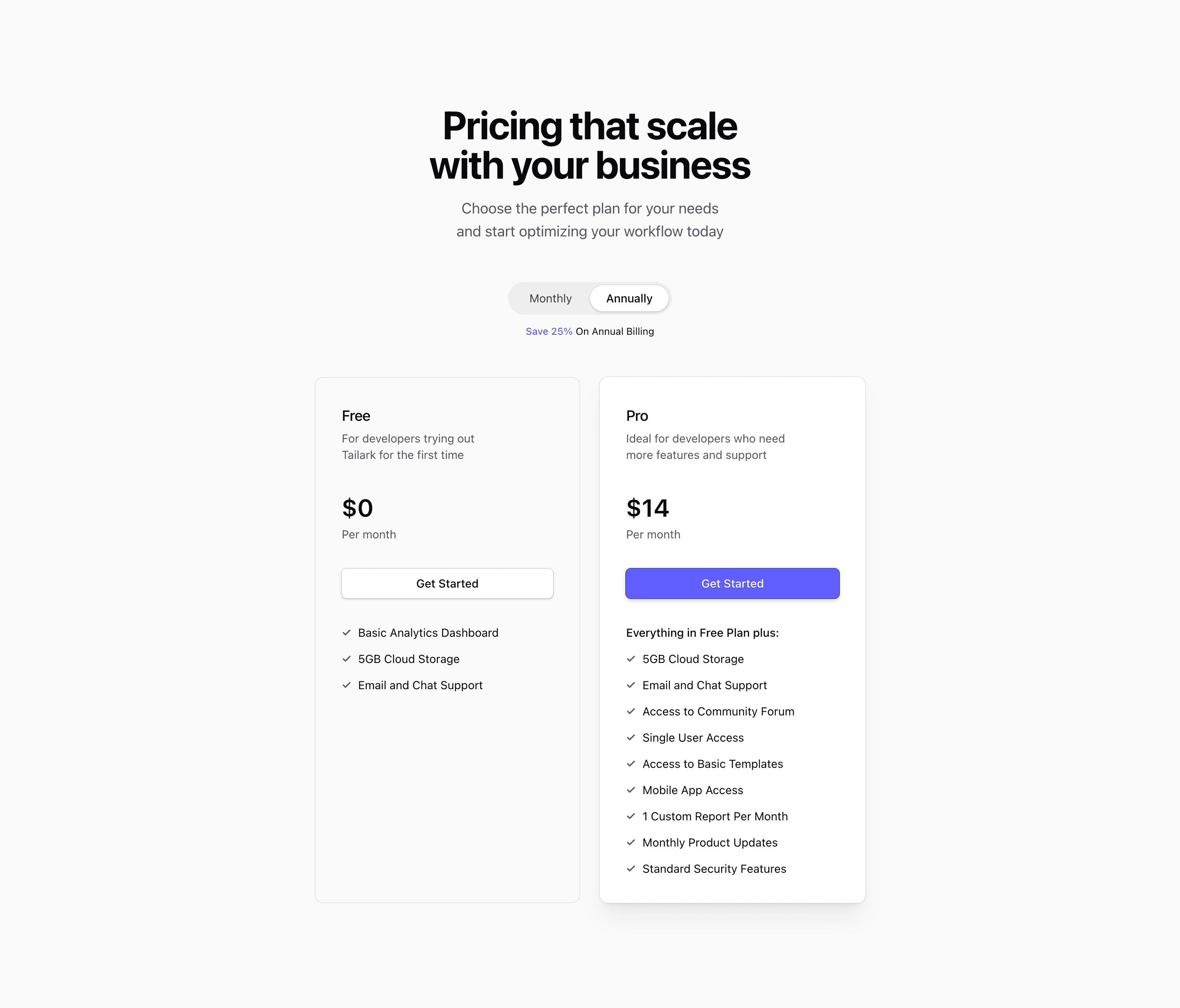 Shadcn Pricing Block One preview built with Shadcn UI and Tailwind CSS