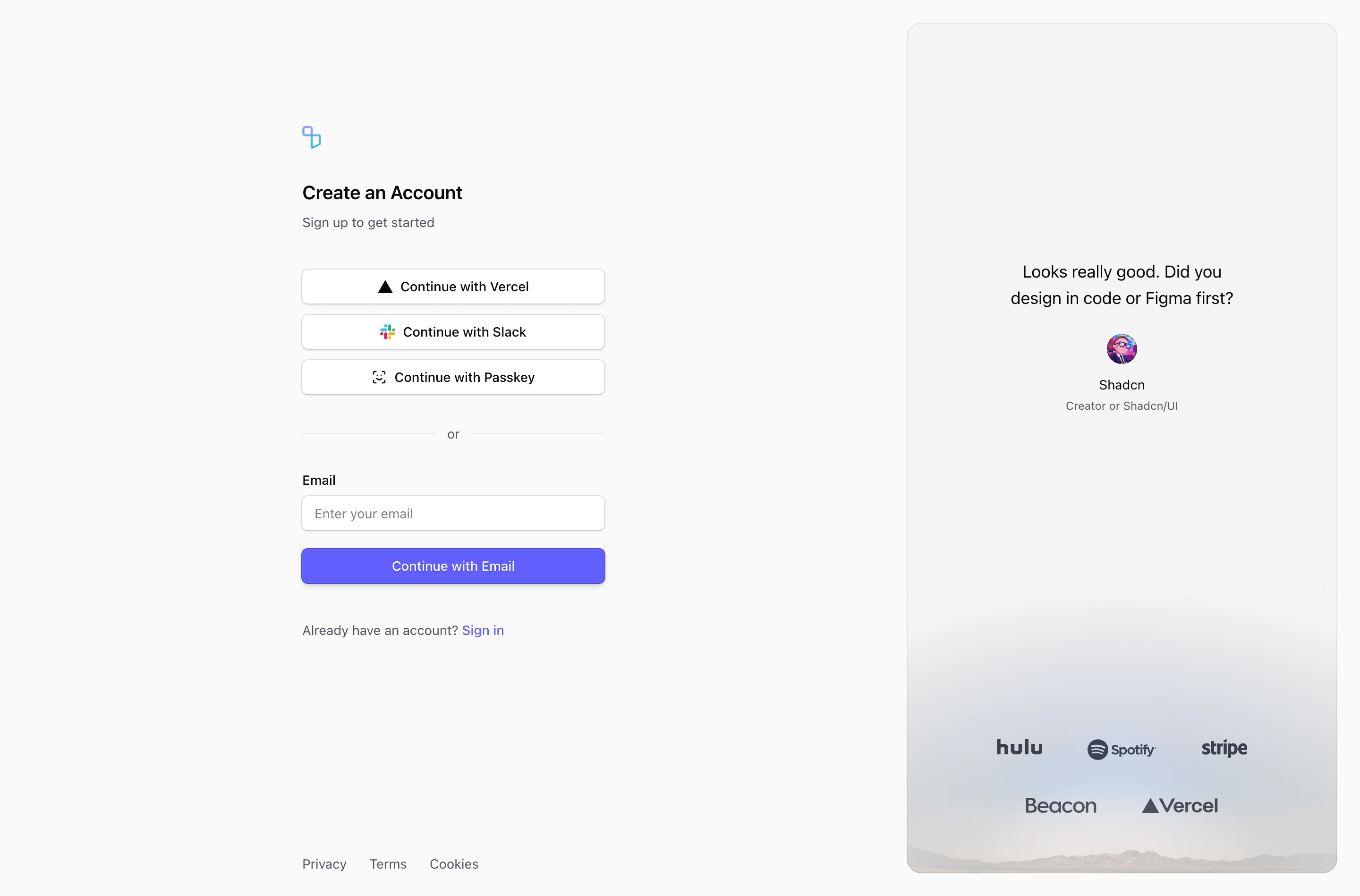 Shadcn Sign Up Block One preview built with Shadcn UI and Tailwind CSS