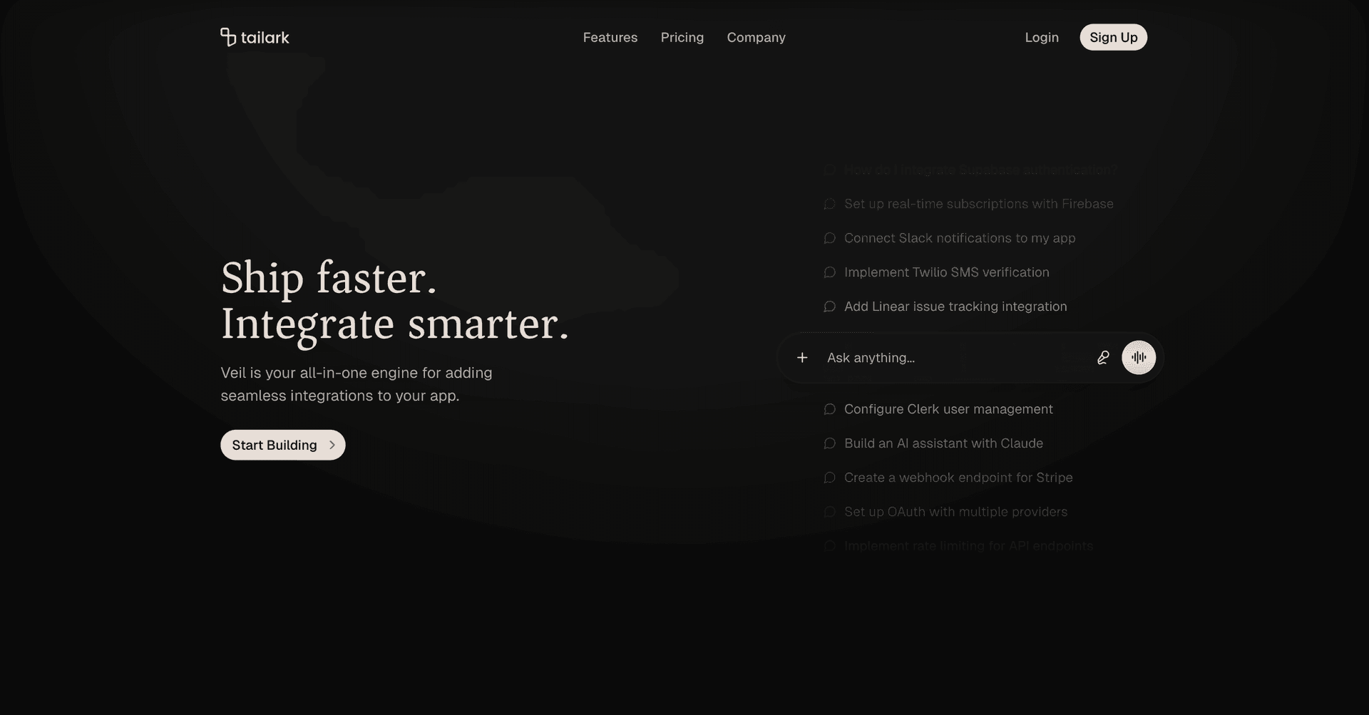 Veil Hero Section Three in dark mode — the same serif headline and chat prompts on a near-black canvas